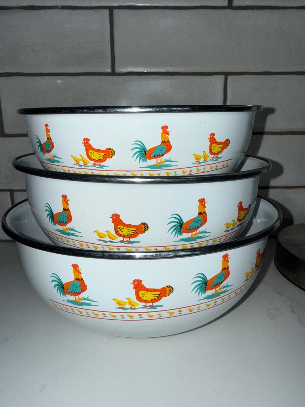 Vintage White Rooster Enamel Mixing Bowl Set - 3 Piece